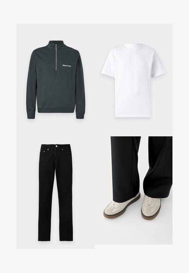 Dunkelgrauer Sweatshirt mit hohem Kragen und halbem Reißverschluss. Mit weißen, gestickten Text "Originals Studio" auf der linken Brust.; Weißes kurzärmeliges T-Shirt aus Baumwolle mit Rundhalsausschnitt, das eine glatte Textur und ein einfaches Design ohne Muster oder Akzente aufweist.; Schwarze Jeans mit geradem Bein, vorderer Knopfleiste, Reißverschluss, Gürtelschlaufen und fünf Taschen auf hellgrauem Hintergrund.; Füße mit beigen Sneakers mit braunen Sohlen und schwarzen Hosen mit weitem Bein auf weißem Hintergrund.