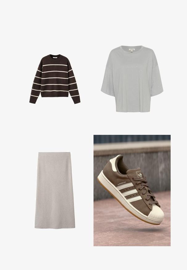Brun sweater med hvide vandrette striber, rund halsudskæring, lange ærmer og ribbede manchetter og kant, lavet af strikket stof.; Lys grå T-shirt med korte ærmer og løs pasform. Udsmykket med spredte rhinsten og rund halsudskæring, lavet af blødt, åndbart stof.; Beige knælang lige nederdel med en simpel, glat tekstur uden synlige mønstre eller udsmykninger.; Brune ruskinds sneakers med hvide striber, cremefarvede detaljer og gummiskal tå. Har snørebåndsdesign og struktureret gummisål.