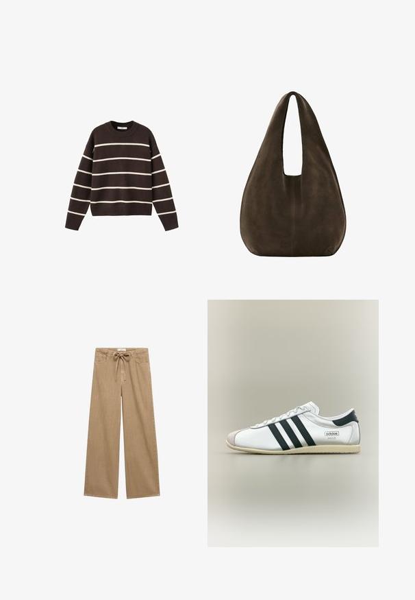 Brun sweater med hvide vandrette striber, rund halsudskæring, lange ærmer og ribbede manchetter og kant, lavet af strikket stof.; Beige brede bukser med drawstring-talje, der har to forlommer og et blødt, struktureret stof.; Hvid Adidas Paris sneaker med sorte striber, beige sål og ruskindstipp, vist fra siden på en neutral baggrund.; Blød, mørkebrun ruskind hobo-taske med en bred enkelt strop og rundet bund på hvid baggrund.