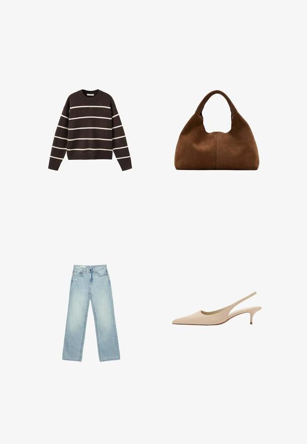 Pull marron avec des rayures horizontales blanches, encolure ronde, manches longues, et poignets et ourlet côtelés, fabriqué en tissu tricoté.; Jean taille haute bleu clair à jambes larges, légèrement usé sur les poches avant et les cuisses, fermeture par boutons et design cinq poches.; Escarpins slingback en cuir beige à bout pointu, talon kitten bas et finition lisse.; Sac hobo en daim marron avec une anse large et arrondie et une forme souple et décontractée sur un fond blanc.
