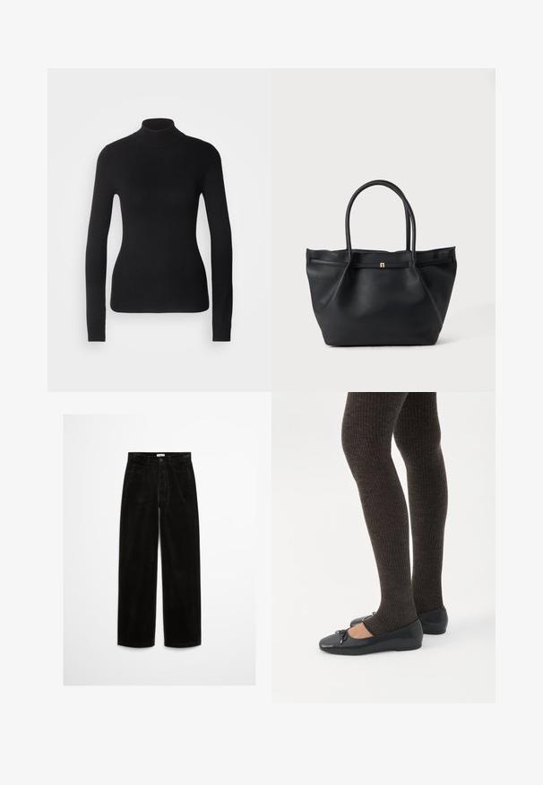 Sort turtleneck sweater lavet af let strikket stof. Har lange ærmer, et tætsiddende design og en blød ribbet tekstur.; Sorte corduroy bredde bukser med knaplukning, forlommer og en blød, tekstureret overflade. Designet har lige snit med en klassisk pasform.; Ben iført mørke ribbede leggings kombineret med sorte balletsko med små sløjfedetaljer på hvid baggrund.; Sort tekstureret lædertaske med to afrundede håndtag og en lille guldklemme foran mod en ensfarvet baggrund.