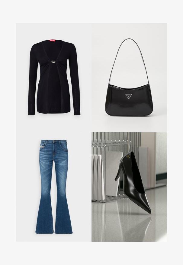 Top negro de manga larga con escote en V profundo, con tejido fruncido en el centro y un detalle de hardware plateado en el busto. Textura de tela suave.; Jeans acampanados en denim azul medio, con una cintura alta, diseño de cinco bolsillos y sutiles detalles de desvanecimiento en los muslos.; Zapato de tacón alto negro con punta afilada y logo dorado, colocado sobre una superficie reflectante cerca de un organizador de archivos de alambre cromado con documentos.; Bolso de hombro de charol negro con forma curva, que presenta un logotipo triangular plateado y un cierre de cremallera. Textura suave y correa delgada.