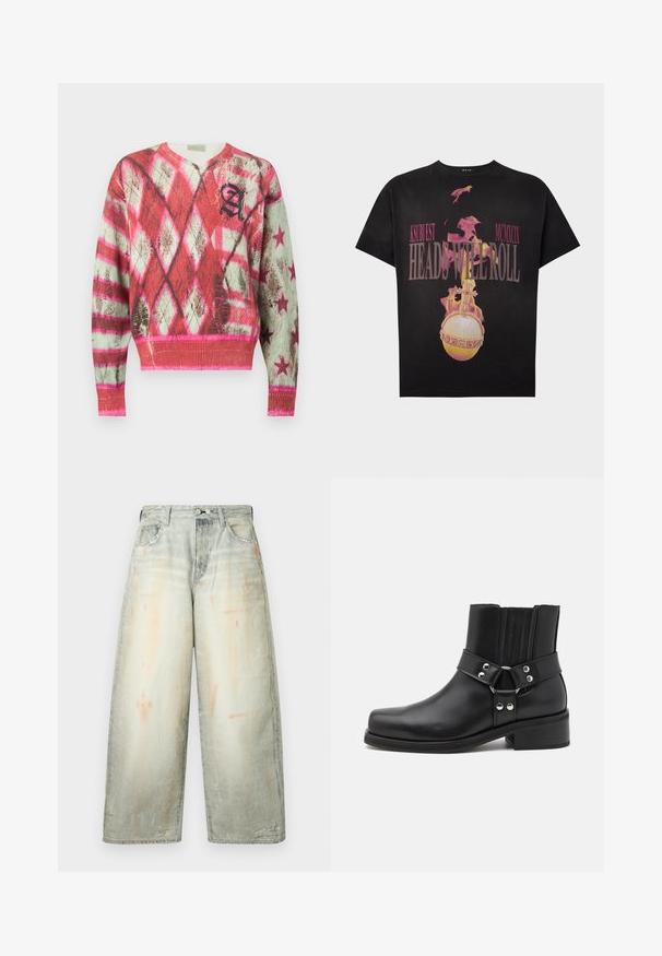 Pull manches longues col en V avec motifs en losanges et étoiles rouges, roses et blancs, avec un « A » stylisé noir sur la poitrine.; T-shirt noir avec un graphisme d'orbe enflammée et croix, et texte rose "KSUBI EST MCMXCIX HEADS WILL ROLL" sur le devant.; Jean en denim gris délavé à jambes larges, taille haute, fermeture à boutons devant, poches et détails légèrement usés.; The Kooples CHAUSSURES - Bottines de cowboy / motard - black