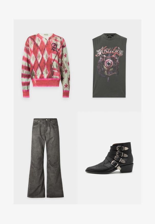 Pull manches longues col en V avec motifs en losanges et étoiles rouges, roses et blancs, avec un « A » stylisé noir sur la poitrine.; Débardeur gris foncé avec un graphisme représentant un grand œil, des ailes, un serpent et le texte "Ksubi" en police rouge stylisée sur la poitrine.; Pantalon gris foncé à jambes larges avec poches avant, fermeture par bouton et coutures visibles sur toute la surface.; Bottines en cuir noir avec quatre boucles décoratives en argent, pointe effilée, et un talon empilé avec des détails cannelés au niveau du col.
