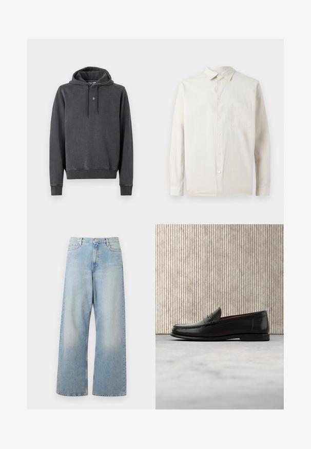 Sweat à capuche gris foncé, fabriqué en mélange de coton doux. Il présente une poche kangourou, des poignets côtes et un petit logo sur la poitrine.; Samsøe Samsøe SADAMON - Chemise - off white; Jeans larges bleu clair en denim, dotés d'une taille haute, de poches avant et d'un délavage avec un léger usure au niveau des cuisses.; Mocassin penny en cuir noir avec talon bas, bout arrondi et détails cousus à l'avant et sur les côtés, présenté sur un fond neutre.