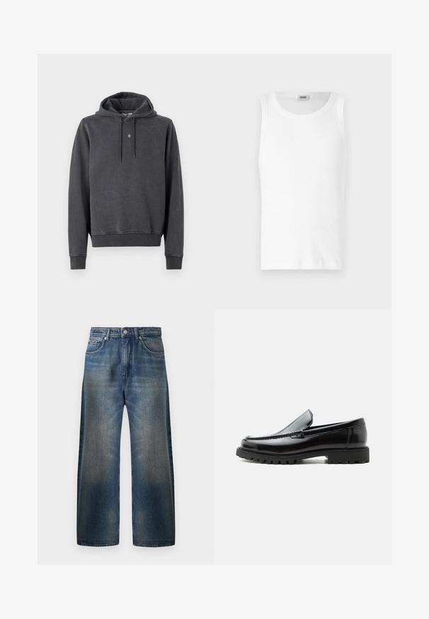 Hoodie in dondergrijs, gemaakt van een zachte katoenmix. Beschikt over een kangoeroezak, geribbelde manchetten en een klein logo op de borst.; Witte katoenen mouwloze tanktop met een ronde halslijn en een gladde textuur. Eenvoudig ontwerp, geen patronen of accenten.; Wijd model blauwe denim jeans met een vervaagde afwerking, met vijf zakken, een knoopsluiting en zichtbare stikseldetails.; Zwarte leren loafer met dikke rubberen zool, gestikte bovenkant en gegraveerde merknaam op de hiel, zijaanzicht op witte achtergrond.