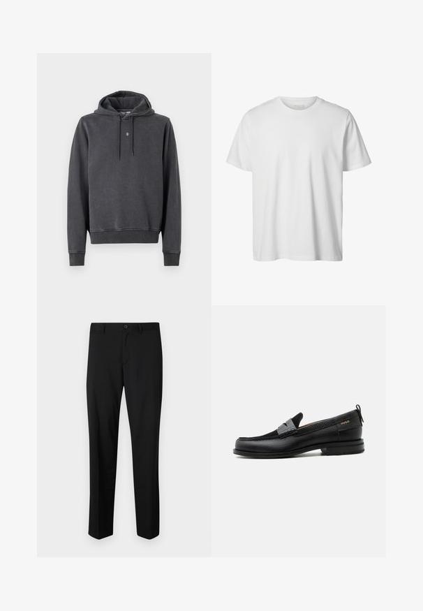 Sweat à capuche gris foncé, fabriqué en mélange de coton doux. Il présente une poche kangourou, des poignets côtes et un petit logo sur la poitrine.; T-shirt blanc uni à manches courtes, col rond, coupe décontractée, sans logos ni motifs visibles à l'avant.; Pantalons noirs ajustés avec une coupe plate, taille standard et jambes droites. Fabriqués en tissu lisse, dotés d'une fermeture à un bouton.; Mocassin en cuir noir avec détail de bride grise, talon bas et semelle texturée, marqué "HUGO" en or sur le côté.
