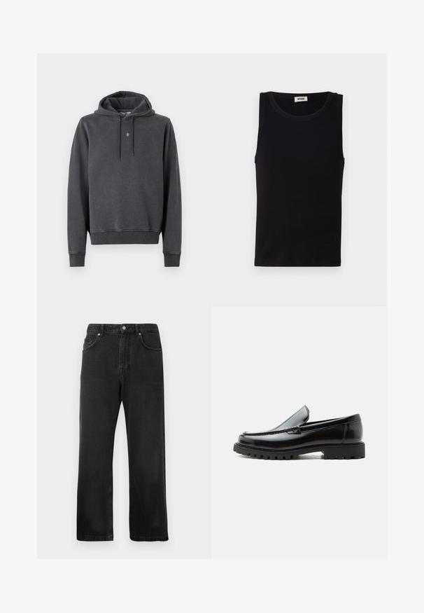Sweat à capuche gris foncé, fabriqué en mélange de coton doux. Il présente une poche kangourou, des poignets côtes et un petit logo sur la poitrine.; Débardeur noir sans manches en coton doux. Il présente une encolure ronde et une coupe droite, avec des détails de couture minimaux.; Jeans noirs à jambe droite avec poches avant, passants de ceinture et fermeture à bouton sur fond blanc.; Mocassin en cuir noir avec semelle en caoutchouc épaisse, dessus cousu et nom de marque embossé sur le talon, présenté de profil sur fond blanc.