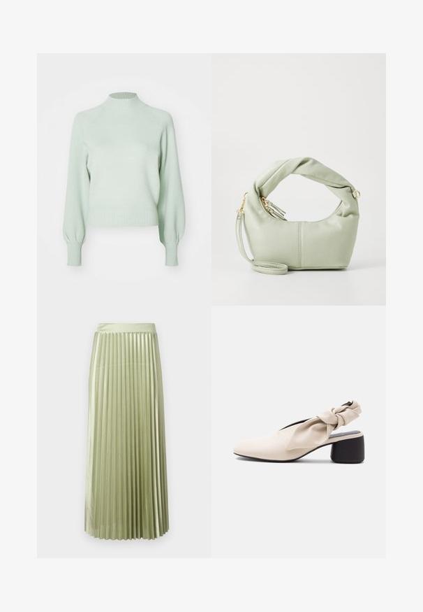 ONLY Knitted ONLFRIDA Knitted - Pullover - aqua gray; Jupe midi plissée en satin vert clair avec une texture lisse. Taille ajustée, longueur mi-mollet, avec des plis verticaux réguliers sur toute la surface.; Chaussure beige à talon bas pour femme avec un bout pointu et une sangle torsadée sur le cou-de-pied et le talon.; Sac à main en simili cuir vert avec une anse torsadée, des accessoires en or et une bandoulière amovible. Forme arrondie avec une texture lisse et des détails de couture.