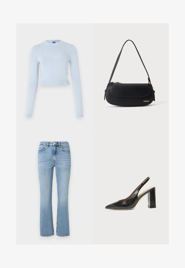 Lyseblå cropped sweater med lange ærmer. Har en ribbet halsudskæring og kant, med et subtilt tekstureret logo på tværs af forsiden.; Lys blå denim jeans med en udvidet design, høj talje, fem lommer og guld hardware. Funktioner en falmet vask og stikninger.; Sort læder peep-toe slingback sko med høj blokhæl og beige indvendig foring mod en ensfarvet lys baggrund.; Sort skuldertaske i læder med buet klap, guld "HUGO" logo på forsiden og enkelt justerbar strop.
