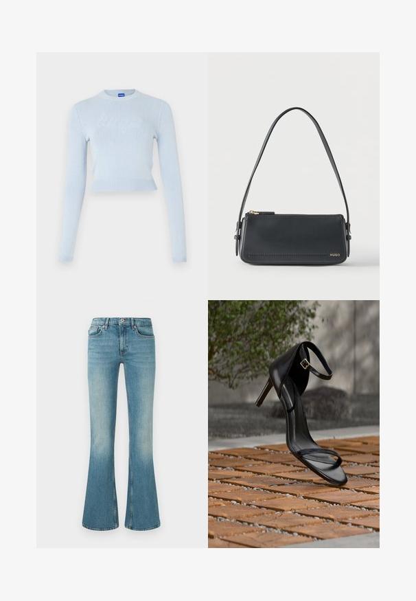 Lyseblå cropped sweater med lange ærmer. Har en ribbet halsudskæring og kant, med et subtilt tekstureret logo på tværs af forsiden.; Udsvingede blå denimjeans med lys vask, fem lommer, broderede detaljer og en talje med knap- og lynlås lukning.; Sort højhælet sandal med ankelsnor, der ser ud til at svæve over et trægulv udendørs med sløret grønt og sten i baggrunden.; Sort rektangulær skuldertaske i læder med guld lynlås og lille guld "HUGO"-logo på fronten, med justerbar strop med spænde.