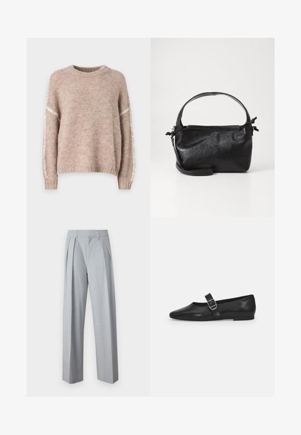 JDY JDYZOEY LIFE - Striktrøje - chateau gray; Good American SUITING GOOD 90S PLEATED - Bukser - grey; Sorte læder flade sko med rund tå, et enkelt justerbart spænde og en glat, blank overflade. Minimalistisk design med en lav hæl.; Sort læderhåndtaske med et struktureret design, rund tophåndtag og aftagelig skulderrem. Den har en glat tekstur og en subtil glans.