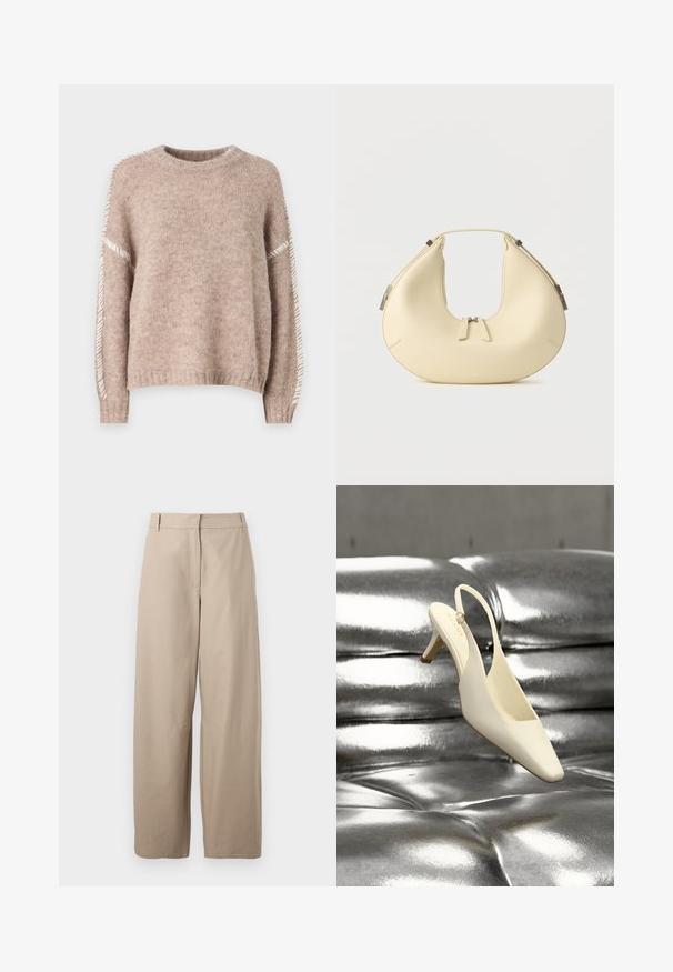 JDY Knitted JDYZOEY Knitted - Striktrøje - chateau gray; Beige, brede bukser lavet af bomuld. Har flad front, to sidelommer og en glat tekstur. Enkel, funktionel design.; Kremfarvet slingback kitten heel sko med firkantet tå hviler på en skinnende sølv tuftet læderoverflade.; Beige håndtaske i halvmåneform med dobbelt lynlåslukning og kort håndtag, udstyret med sølvfarvede hardware-detaljer på siderne.