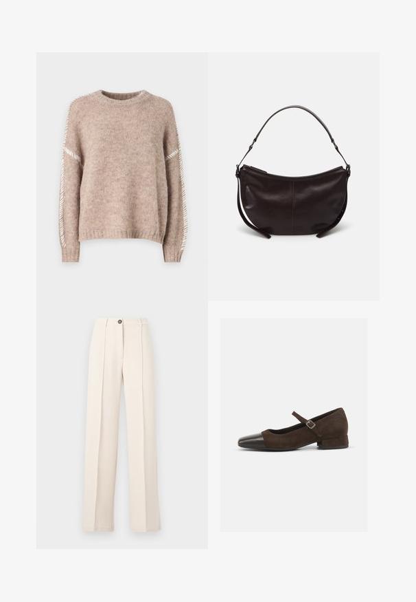 JDY JDYZOEY LIFE - Striktrøje - chateau gray; Beige vidde bukser med en glat tekstur, der har en knaplukning og to frontfolder. Ingen lommer er synlige i designet.; Brun ruskind Mary Jane-sko med en sort laklæder tåhætte, justerbar rem og en lav blokhæl. Glat tekstur med minimale detaljer.; Mørkebrun læder skuldertaske med en buet form, glat tekstur og en enkelt justerbar rem. Har lynlåslukning.