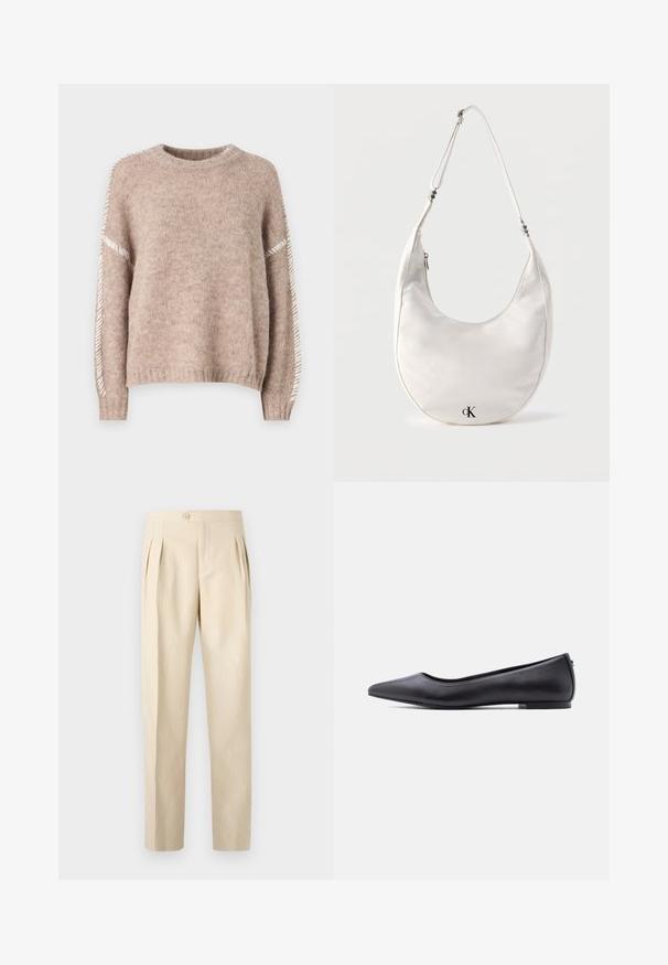 JDY Knitted JDYZOEY Knitted - Striktrøje - chateau gray; Beige, højtaljede bukser med frontfolder, enkelt knaplukning og lige ben. Fremstillet af et struktureret, vævet stof.; Sort flad lædersko med spidst tåparti og lav hæl, vist i sideprofil mod en hvid baggrund.; Hvid skuldertaske i halvmåneform med justerbar rem og sort "cK"-logo nær bunden i midten på ensfarvet baggrund.