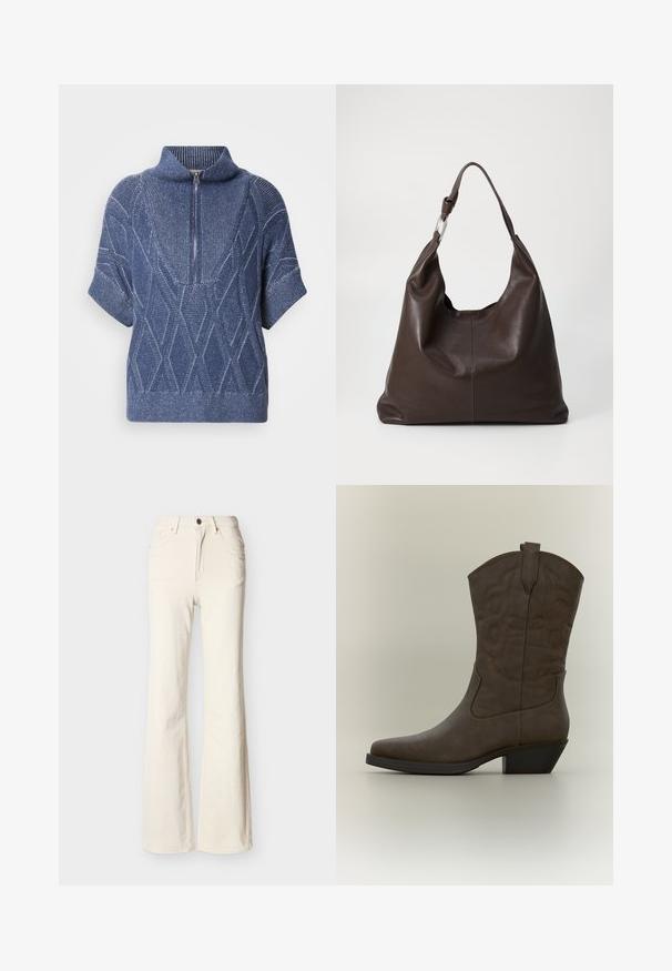 Pull en tricot bleu avec un col haut zippé, des manches courtes et des motifs en losange. Tissu texturé avec des fils clairs contrastants.; Jean taille haute couleur blanc cassé avec bouton à l'avant, fermeture éclair, poches avant et arrière, et coupe légèrement évasée au niveau des jambes.; Botte de cowboy en cuir marron de hauteur moyenne avec bout pointu, coutures décoratives, bride de traction et talon bloc incliné sur fond neutre.; Zign by Zalando LEATHER - Cabas - chocolate brown