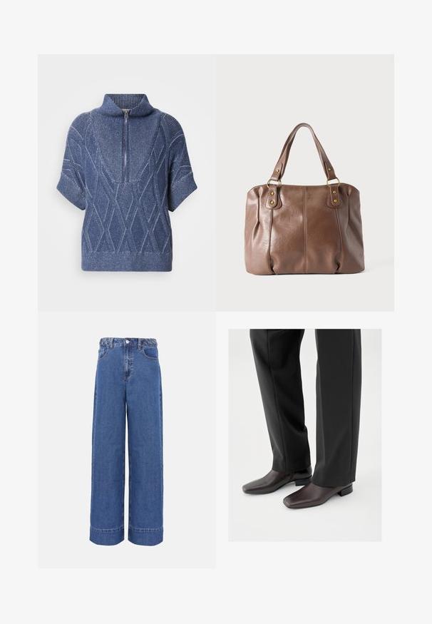 Pull en tricot bleu avec un col haut zippé, des manches courtes et des motifs en losange. Tissu texturé avec des fils clairs contrastants.; Jean en denim bleu à jambes larges avec ceinture tressée, bouton frontal et poches, présenté sur un fond uni.; Chaussures en cuir marron foncé avec un bout carré et un petit talon bloc, portées avec un pantalon noir sur mesure, affichant une apparence élégante et polie.; Sac à main en cuir marron avec deux bandoulières attachées par des anneaux et rivets dorés, présenté sur un fond clair uni.