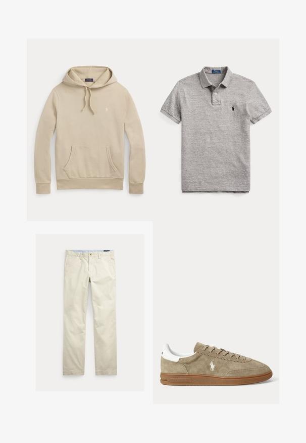 Beige hættetrøje med frontlomme, snøre i hætten, ribkanter og lille broderet logo på brystet.; Grå kortærmet poloshirt med krave, to-knaps klaplukning og lille sort broderet logo på venstre bryst.; Beige bomuld straight-leg bukser med bæltestropper, forreste knap, lynlås og sidelommer.; Beige lavskoet ruskindesneaker med brun sål, hvid hældetalje, snørebånd og en hvid broderet polospillerlogo på siden.