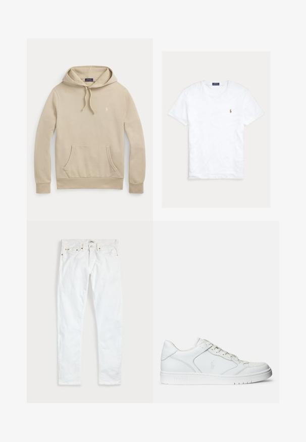 Beige hættetrøje med frontlomme, snøre i hætten, ribkanter og lille broderet logo på brystet.; Hvid T-shirt med rund hals og korte ærmer med lille broderet Polo Ralph Lauren-logo på venstre bryst og blå mærkeetiket indvendigt i kraven.; Hvide slim fit jeans med fem lommer, knaplukning og bæltestropper, fladt lagt på en ensfarvet lys baggrund.; Hvide lædersneakers med en glat tekstur, der har en perforeret tå, snørebåndslukning og broderet logo på siden. Hvid gummisål.