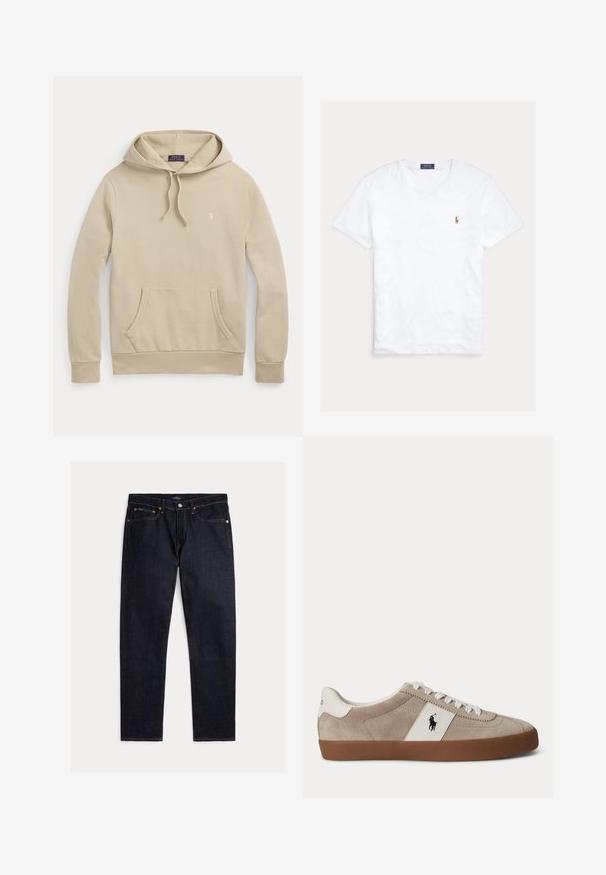 Beige hættetrøje med frontlomme, snøre i hætten, ribkanter og lille broderet logo på brystet.; Hvid T-shirt med rund hals og korte ærmer med lille broderet Polo Ralph Lauren-logo på venstre bryst og blå mærkeetiket indvendigt i kraven.; Mørk indigoblå jeans med lige ben, fem lommer, knap- og lynlås lukning samt kontrastfulde orange syninger på en ensfarvet baggrund.; Beige ruskind lav-top sneaker med hvide snørebånd, hvid læder accent med sort hest logo og brun gummisål.