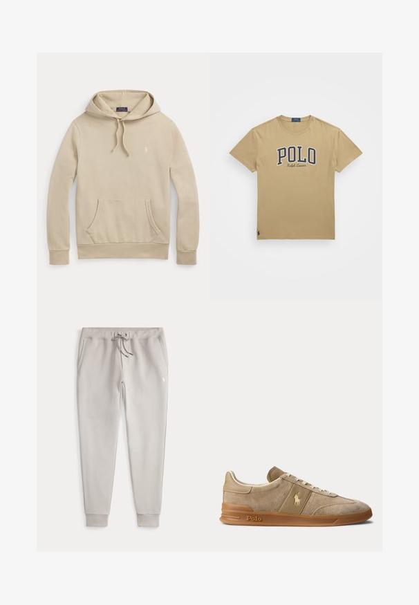 Béžová mikina s kapucňou, predným vreckom na brušku, šnúrkou na kapucni, rebrovanými manžetami a malým vyšitým logom na hrudníku.; Polo Ralph Lauren CUSTOM SLIM FIT LOGO JERSEY T-SHIRT - Tričko s potlačou - beige; Svetlosivé jogger nohavice s elastickým pásom, šnúrkou, bočnými vreckami, manžetami na členkoch a malým bielym vyšitým logom na stehne.; Béžové nízke tenisky z brúseného semišu a kože s gumovou podrážkou, bielymi šnúrkami a logom Polo na boku a na podrážke.