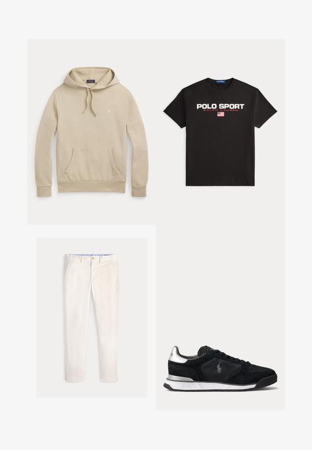 Beež kapuutsiga dressipluus ees tasku, kapuuts paelaga, soonikkoes mansetid ja väike tikandiga logo rinnal.; Must lühikeste varrukatega T-särk tekstidega „"POLO SPORT"“ ja „"RALPH LAUREN"“ ning ees keskel trükitud väike Ameerika lipp.; Meeste õhukesed valkjaskollased püksid esikotste, vööaasade ja nööpkinnitusega ühevärvilisel taustal.; Mustast ja hõbedasest madala profileega toss nöörkinnitusega, valge tallaga ja küljele tikitud Polo logoga, vaadates välisküljelt.