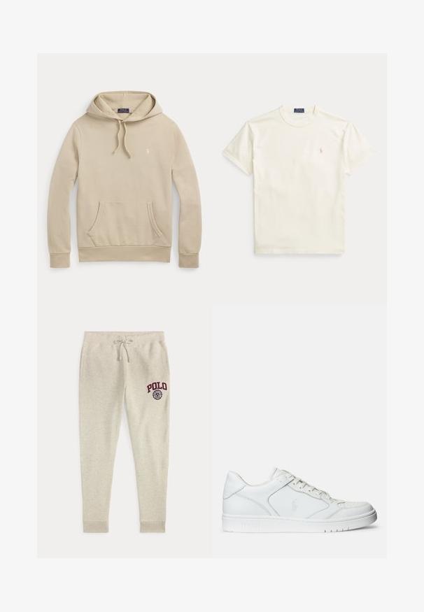 Beige hættetrøje med frontlomme, snøre i hætten, ribkanter og lille broderet logo på brystet.; Flødefarvet bomulds-T-shirt med korte ærmer. Har et diskret broderet logo på venstre bryst og rund hals.; Beige joggingbukser med snøre og sidelommer samt rød "POLO" logo og emblem på øverste venstre lår.; Hvide lædersneakers med en glat tekstur, der har en perforeret tå, snørebåndslukning og broderet logo på siden. Hvid gummisål.