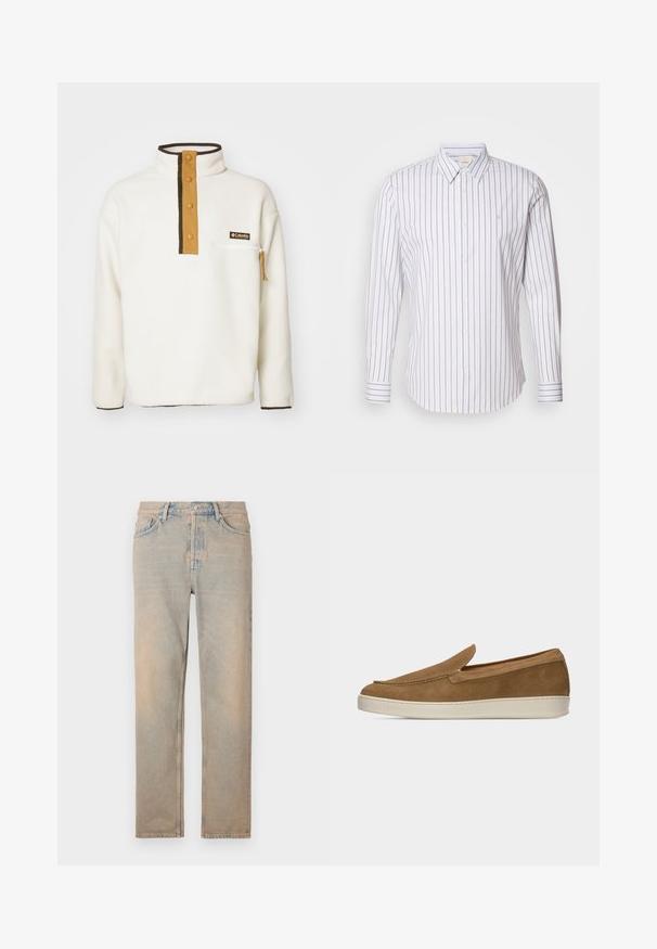 Columbia HELVETIA HALF SNAP - Flísový sveter - chalk; Calvin Klein SLIM FIT - Košeľa - gray marble; Svetlo béžové denimové džínsy so rovnými nohavicami. Obsahujú päť vreciek, zapínanie na gombík a jemné vyblednutie na povrchu látky.; Svetlohnedá semišová obuv na zasúvanie s bielou gumovou podrážkou, minimálnym počtom švov a nízkym profilom na jednoduchom svetlom pozadí.