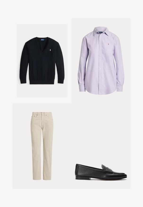 Schwarzer Langarm-V-Ausschnitt-Pullover mit gerippten Bündchen und Saum, mit kleinem weißem besticktem Polo Ralph Lauren Logo auf der linken Brust.; Hellviolettes langärmliges Hemd mit Knopfleiste, Kragen und kleinem gesticktem Logo auf der linken Brust.; Beige Cordhose mit geradem Bein, Gürtelschlaufen, Vorderknopf, Reißverschluss und Fronttaschen.; Schwarzer, strukturierter Lederloafer mit niedrigem Absatz und klassischem Pennyriemen-Detail, seitlich auf hellem, einfachem Hintergrund dargestellt.