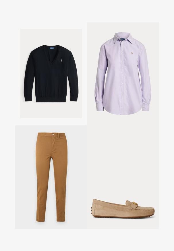 Must värviga pika varrukaga V-kaelusega kampsun soonikkoes mansettide ja äärega, millel on vasakul rinnal väike valge tikandiga Polo Ralph Laureni logo.; Hele lilla pikkade varrukatega pluus, nööpidega, kraega ja väikese tikitud logoga vasakul rinnal.; Sirge säärega khaki-püksid esi taskute, vööaasade ja nööpidega kinnitusega, tasaselt valgel taustal.; Beežidest seemisnahast kergestikleeritavad jalatsid, millel on õmblused, kuldne metallist pandl ülaosas ja kummist tald haakuvate naeltega.