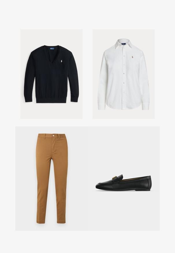 Schwarzer Langarm-V-Ausschnitt-Pullover mit gerippten Bündchen und Saum, mit kleinem weißem besticktem Polo Ralph Lauren Logo auf der linken Brust.; Weißes Hemd mit langen Ärmeln, Knopfleiste, Kragen und kleinem besticktem Logo auf der linken Brust, vor einfachem Hintergrund dargestellt.; Gerade geschnittene Khakihose mit Vordertaschen, Gürtelschlaufen und Knopfverschluss, flach auf weißem Hintergrund präsentiert.; Schwarzer Lederloafer mit goldenem Metallschnallendetail oben, flacher Sohle und genähtem Design entlang des oberen Randes.