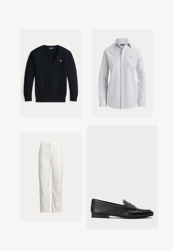 Pull noir à manches longues encolure en V avec poignets et ourlet côtelés, avec un petit logo Polo Ralph Lauren blanc brodé sur le côté gauche de la poitrine.; Chemise blanche à boutons avec fines rayures verticales bleues, manches longues, col pointu et petit logo brodé sur la poitrine.; Pantalon blanc droit avec grandes poches plaquées devant, passants de ceinture et fermeture par bouton à la taille.; Mocassin en cuir noir avec une finition texturée, doté d'une sangle décorative et d'un talon plat. Design épuré et minimal avec un bout arrondi.