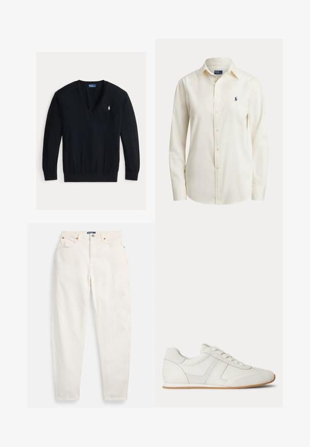Schwarzer Langarm-V-Ausschnitt-Pullover mit gerippten Bündchen und Saum, mit kleinem weißem besticktem Polo Ralph Lauren Logo auf der linken Brust.; Langärmliges cremefarbenes Hemd mit Knöpfen, Kragen und kleinem marineblau besticktem Pferdelogo auf der linken Brust.; Weiße Jeans mit hoher Taille und geradem Bein, mit vorderem Knopf und Reißverschluss, Fünf-Taschen-Design und Polo-Markenlabel am Bund.; Weißer Sneaker mit niedrigem Schaft, Schnürung vorne, Velours- und Lederpaneelen sowie einer hellbraunen Gummisohle auf weißem Hintergrund.
