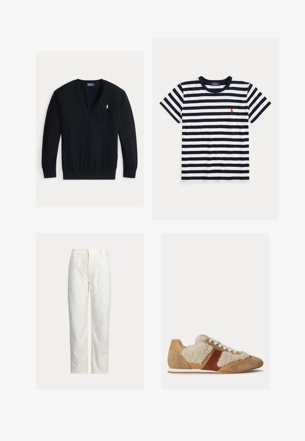 Čierny sveter s dlhým rukávom a výstrihom do V s rebrovanými manžetami a spodným lemom, s malým bielym vyšívaným logom Polo Ralph Lauren na ľavej strane hrude.; Tmavomodré a biele tričko s krátkym rukávom a horizontálnymi pruhmi, s okrúhlym výstrihom a malým červeným logom Polo Ralph Lauren na hrudi.; Biele nohavice s rovnými nohavicami, veľkými prednými nášivkovými vreckami, pútkami na opasok a zapínaním na gombík v páse.; Nízke tenisky s béžovým semišom, koniakovou kožou a bielymi panelmi zo shearlingu, bielymi šnúrkami a bielou gumovou podrážkou.