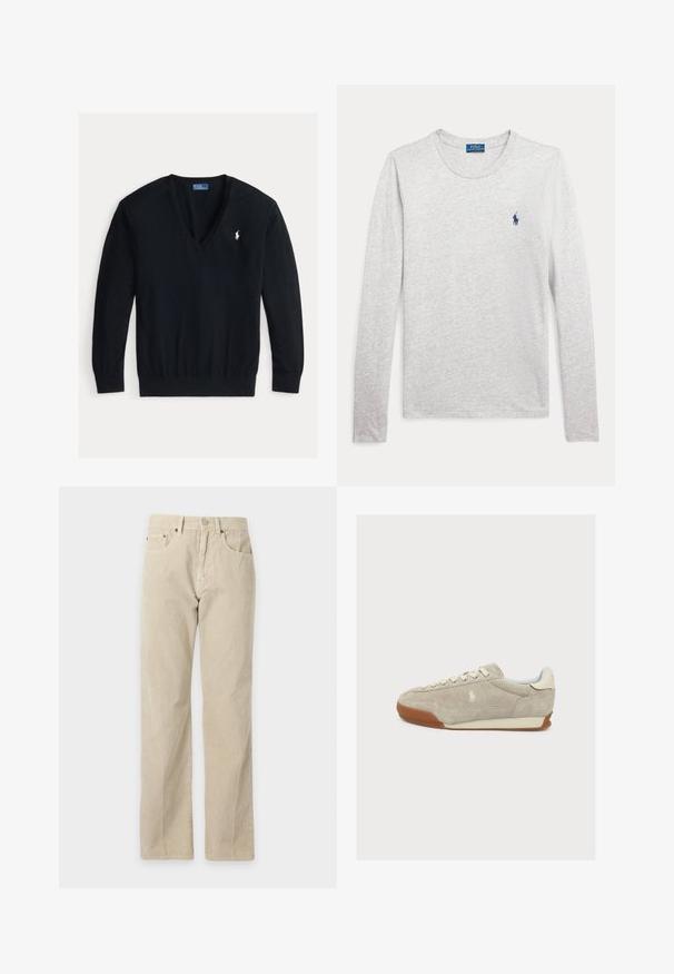 Schwarzer Langarm-V-Ausschnitt-Pullover mit gerippten Bündchen und Saum, mit kleinem weißem besticktem Polo Ralph Lauren Logo auf der linken Brust.; Hellgraues Langarmshirt mit Rundhalsausschnitt und kleinem dunkelblauem Polo Ralph Lauren Logo auf der linken Brust.; Beige Cordhose mit geradem Bein, Vordertaschen, Gürtelschlaufen und Knopfverschluss, auf schlichtem Hintergrund präsentiert.; Beiger Wildleder-Sneaker mit weißen Schnürsenkeln, Gummisohle und kleinem gesticktem Logo an der Seite, von links auf weißem Hintergrund gesehen.