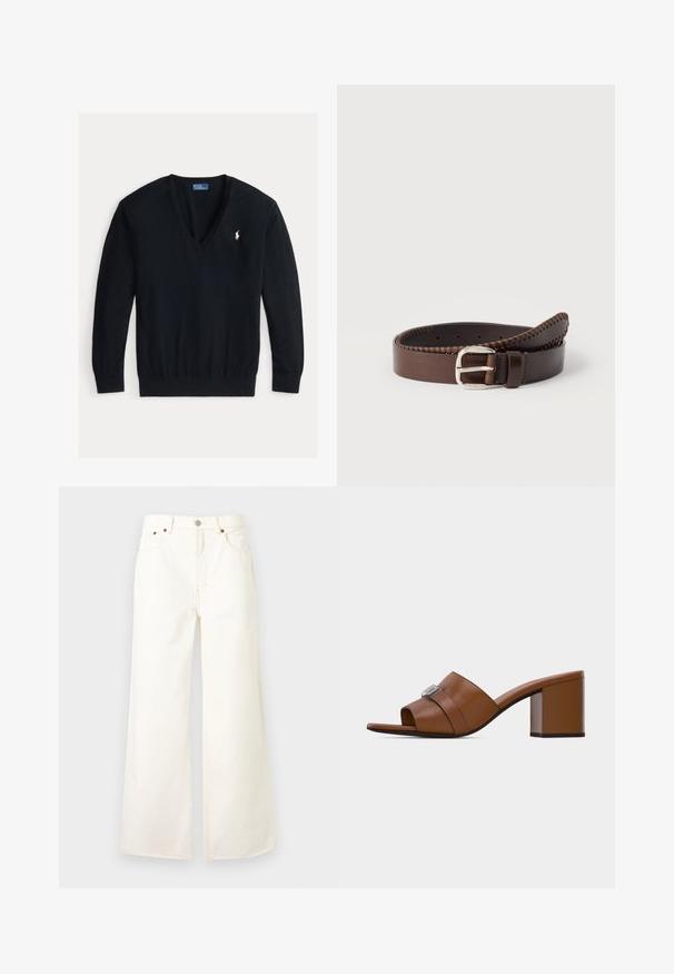 Schwarzer Langarm-V-Ausschnitt-Pullover mit gerippten Bündchen und Saum, mit kleinem weißem besticktem Polo Ralph Lauren Logo auf der linken Brust.; Weiße High-Waist-Jeans mit weitem Bein, vorderer Knopfleiste und Reißverschluss, Fünf-Taschen-Design und Kupfernieten-Details.; Brauner Leder-Mule mit offenem Zehenbereich, quadratischer silberner Schnalle und klobigem, mittelhohem Blockabsatz vor weißem Hintergrund.; Brauner Ledergürtel mit glatter Textur, kontrastierenden Nähten entlang der Ränder und einer silbernen Metallschnalle.