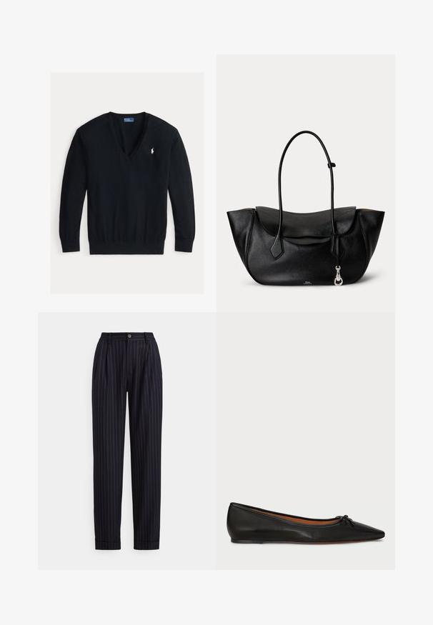 Schwarzer Langarm-V-Ausschnitt-Pullover mit gerippten Bündchen und Saum, mit kleinem weißem besticktem Polo Ralph Lauren Logo auf der linken Brust.; Marineblaue Nadelstreifen-Hose aus strukturiertem Stoff, mit tailliertem Bund, Falten und Knopfverschluss sowie einem zulaufenden Bein.; Schwarze Leder-Ballerinas mit spitzem Zeh, schlanker Silhouette und einem kleinen Schleifendetail an der Vorderseite. Glatte Textur und minimalistisches Design.; Schwarze Lederhandtasche mit geschwungenen oberen Griffen, seitlichen Flügeln, einer vorderen Klappe und einem kleinen silbernen Verschluss, der an einem Griff hängt.