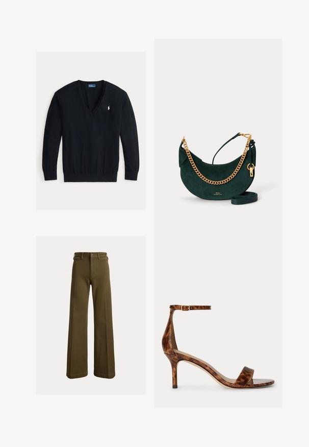 Pull noir à manches longues encolure en V avec poignets et ourlet côtelés, avec un petit logo Polo Ralph Lauren blanc brodé sur le côté gauche de la poitrine.; Pantalon large vert olive avec passants de ceinture, bouton à l'avant et fermeture éclair, présenté sur un fond uni.; Sandale à talon haut écaille marron avec une fine bride à la cheville et une boucle, bout ouvert et talon de hauteur moyenne.; Sac à main demi-lune en daim vert foncé avec bandoulière chaîne dorée, bandoulière en cuir et petit logo doré Polo by Ralph Lauren.