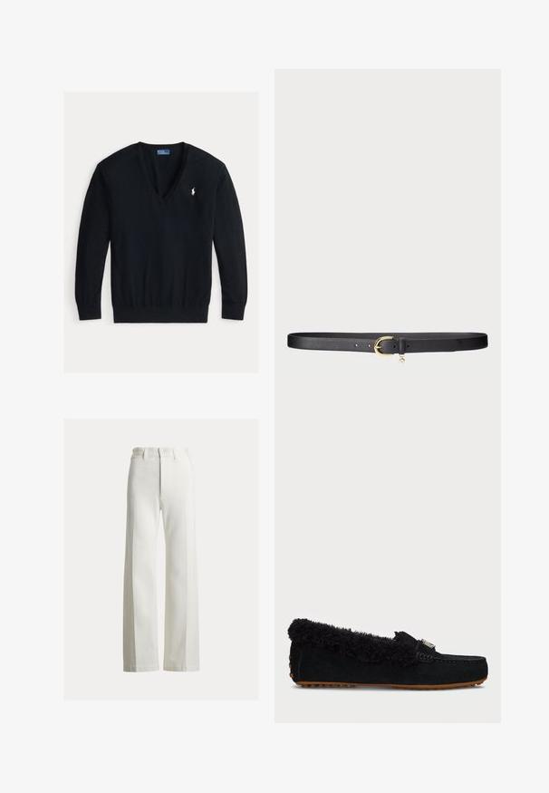 Sort langærmet V-hals sweater med ribkanter ved ærmer og talje, med en lille hvid broderet Polo Ralph Lauren-logo på venstre bryst.; Bredbenede, højtaljede bukser i hvidt denim. Har en ren front med skjult knaplukning og subtile syninger for struktur.; Sort ruskinds mokkasan med en blød, fnugget krave, gummisål og sølvhardware detaljer. Har et fladt design og tekstureret detalje.; Sorte læderbælte med en guldtonet metalspænde, dekorativ vedhæng og en glat tekstur. Justerbart med flere huller for pasform.