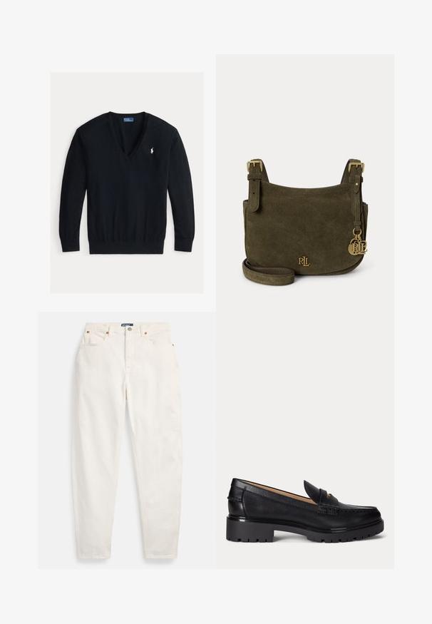 Pull noir à manches longues encolure en V avec poignets et ourlet côtelés, avec un petit logo Polo Ralph Lauren blanc brodé sur le côté gauche de la poitrine.; Jean blanc taille haute à jambes droites, avec bouton et fermeture éclair sur le devant, design à cinq poches et étiquette de marque Polo sur la ceinture.; Mocassin en cuir noir avec semelle épaisse à relief, talon bas et bride décorative sur le devant.; Sac bandoulière en daim vert olive avec bretelles ajustables, logo RL doré sur le devant, et breloques logo dorées assorties suspendues sur le côté.