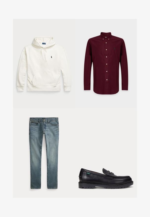 Weißer Baumwoll-Hoodie mit einer Fronttasche, Kapuze mit Kordelzug und einem kleinen gestickten Logo auf der Brust. Rippbündchen an den Ärmeln und am Saum.; Dunkelrotes Langarm-Hemd mit Knöpfen, geknöpftem Kragen und kleinem gesticktem Logo auf der linken Brust.; Blaue Jeans mit geradem Bein, vorderen Taschen, Gürtelschlaufen und Knopfverschluss.; Schwarzer Lederloafer mit dicker Profilsohle und kleinem grünen "Polo"-Etikett an der Außenseite nahe der Ferse.