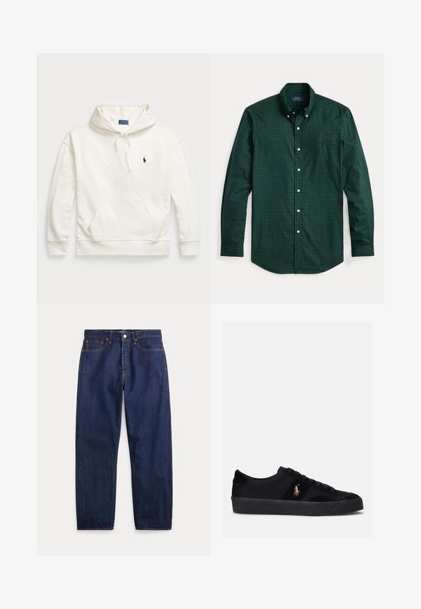 Hvid bomulds hoodie med en frontlomme, snoretræk i hætten og et lille broderet logo på brystet. Ribbenede manchetter og kant.; Polo Ralph Lauren CUSTOM FIT PLAID TWILL SHIRT - Skjorter - pine/black; Mørkeblå denimjeans med lige ben, fem lommer, knaplukning og synlige syninger.; Sorte sneakers med overdel i stof og ruskind, rund tå, flad gummisål og broderet logo på siden. Snørebåndsdesign med seks snørehuller.