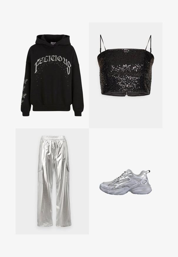 Zwarte hooded sweatshirt van zachte stof, met witte bedrukte tekst en patronen, en accentdetails op de mouwen.; Zwarte pailletten crop top met dunne verstelbare bandjes, met een aansluitend ontwerp en een rits aan de achterkant. Glad binnenvoering.; MCM METALLIC PANTS - Cargobroek - silver; Zilveren en grijze mesh sportschoen met dikke gevoerde zool en vetersluiting, getoond vanaf de buitenkant op een witte achtergrond.