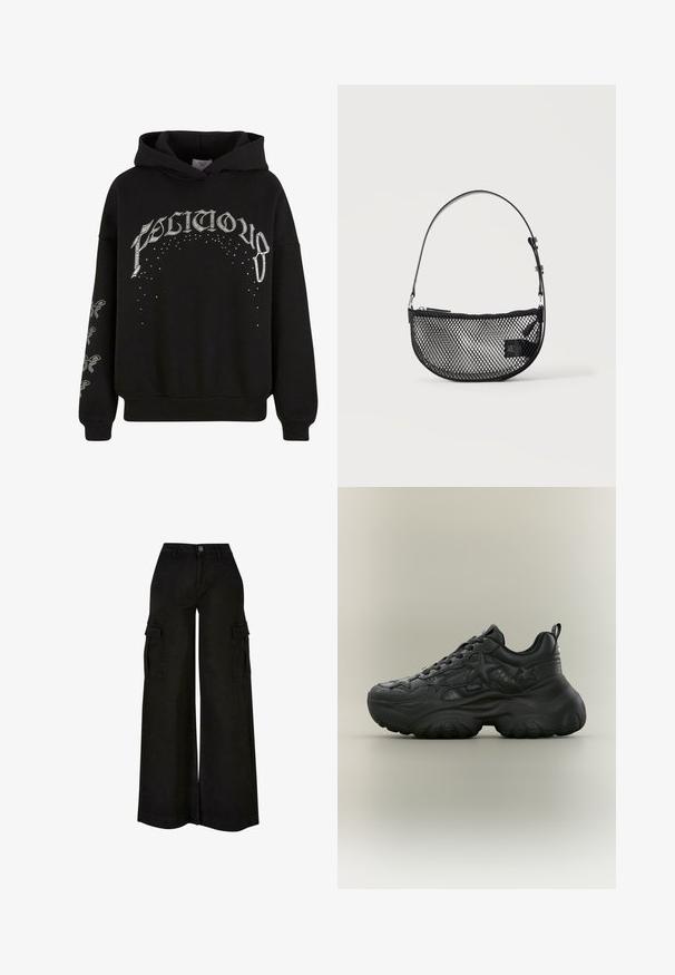 Sweat à capuche noir en tissu doux, arborant des textes et motifs imprimés en blanc, avec des détails accentués sur les manches.; Pantalon cargo noir à jambes larges, taille haute, bouton sur le devant, fermeture éclair, passants de ceinture et poches à rabat sur les deux cuisses.; Baskets épaisses noires avec motifs étoilés, détails texturés, semelle épaisse et languette de tirage sur fond neutre.; Sac à main en maille noire forme demi-lune avec une courte bandoulière en cuir réglable et une fermeture éclair sur un fond clair uni.