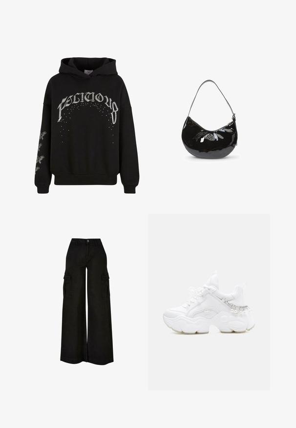 Sweat à capuche noir en tissu doux, arborant des textes et motifs imprimés en blanc, avec des détails accentués sur les manches.; Pantalon cargo noir à jambes larges, taille haute, bouton sur le devant, fermeture éclair, passants de ceinture et poches à rabat sur les deux cuisses.; Baskets blanches épaisses avec semelle épaisse, devant à lacets et détail chaîne avec perles pendantes sur le talon.; Sac à main en cuir verni noir avec une forme arrondie, une bandoulière unique, une fermeture éclair et un logo en métal décoratif. Texture lisse.