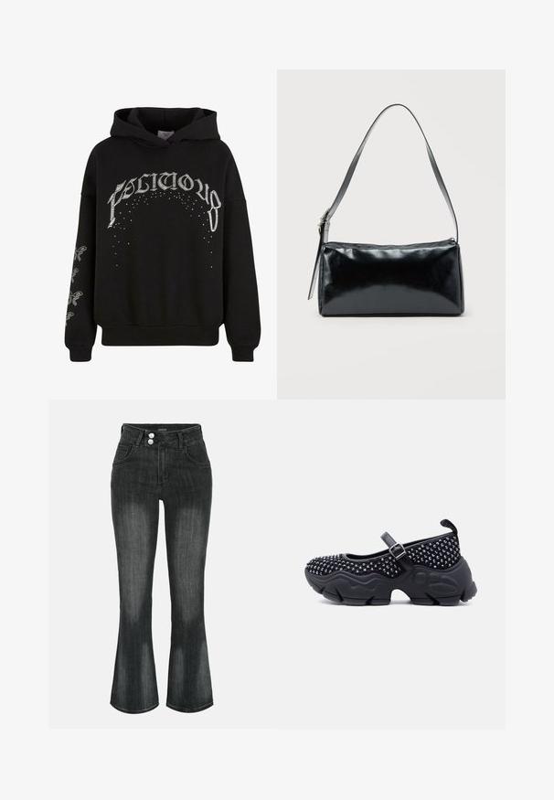 Zwarte hooded sweatshirt van zachte stof, met witte bedrukte tekst en patronen, en accentdetails op de mouwen.; Zwart gewassen denim jeans met hoge taille, dubbele knoopsluiting, voorzakken en licht uitlopende pijpen.; Zwarte Mary Jane-schoen met dikke, gestructureerde zool, een bovenkant met studs en een verstelbare gesp, opzij getoond tegen een witte achtergrond.; Zwarte rechthoekige schoudertas met een enkele verstelbare band en een bovenste ritssluiting op een effen achtergrond.
