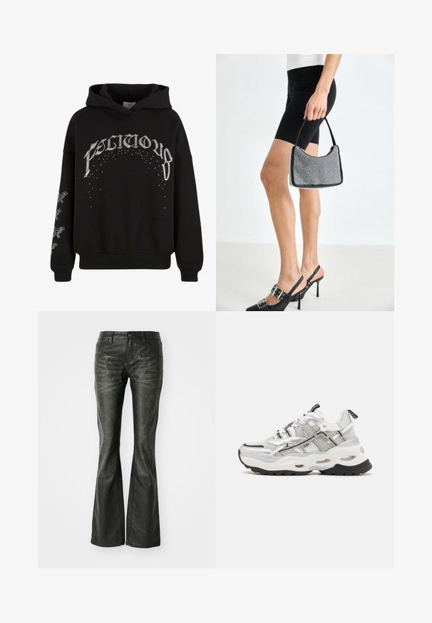 Sweat à capuche noir en tissu doux, arborant des textes et motifs imprimés en blanc, avec des détails accentués sur les manches.; Jean flare en simili cuir noir avec poches avant, fermeture à bouton métallique et surface légèrement texturée. Jambe droite avec une coupe longue.; Baskets de sport blanches et grises en matériaux en maille et synthétiques, semelle épaisse, profil de crampons noirs proéminents, et design à lacets avec des accents.; Sac à main à perles noires avec une silhouette courbée, une poignée de transport et une texture brillante. Porté avec des chaussures à talons hauts noires et un short noir ajusté.