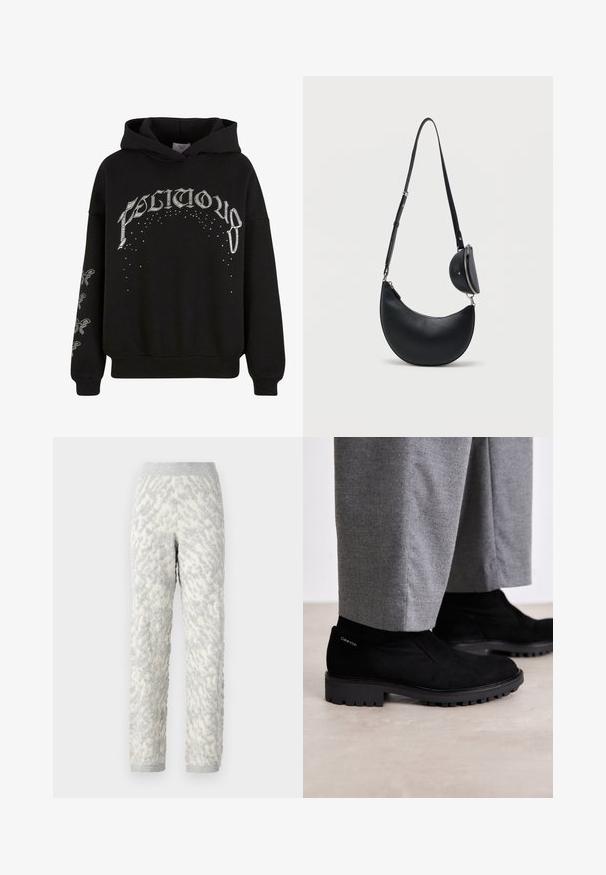 Zwarte hooded sweatshirt van zachte stof, met witte bedrukte tekst en patronen, en accentdetails op de mouwen.; Geweven loungebroek in ivoor met grijze patronen, voorzien van een zachte stof, elastische tailleband en geribde manchetten.; Zwarte suède enkellaarsjes met een rubberen zool, voorzien van een elastische zijpaneel en een logo-accent op de hak. Gecombineerd met grijze broeken.; Zwarte, halvemaanvormige leren crossbodytas met lange, verstelbare band en een klein, rond, met rits afgesloten tasje bevestigd vlakbij de band.