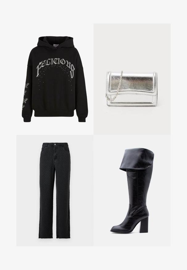 Schwarzer Kapuzenpullover aus weichem Material, mit weißem Drucktext und Mustern, sowie Akzentdetails an den Ärmeln.; Schwarze, strukturierte Schlagjeans mit vorderen Taschen und einem Knopfverschluss auf einem einfarbigen Hintergrund.; Hoher schwarzer Lederstiefel mit Absatz, umgeschlagenem Umschlag und abgerundetem Zehenbereich, steht aufrecht auf weißem Hintergrund.; Silberne metallische Clutch-Tasche mit glatter Textur, Klappenverschluss und Kettenriemen. Verfügt über ein strukturiertes rechteckiges Design und gestickte Akzente.