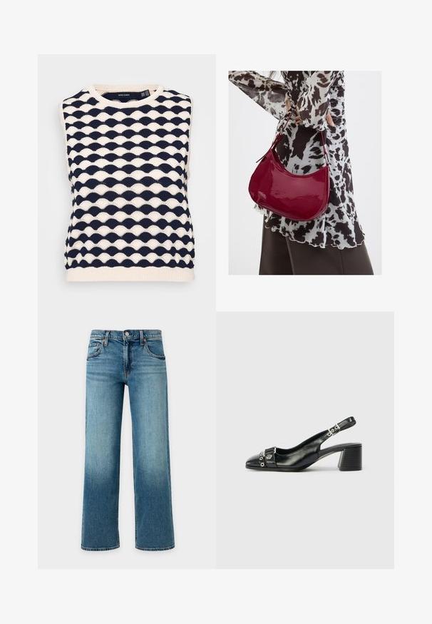 Pull-over sans manches en tricot bleu marine et crème avec un motif ondulé texturé. Encolure ronde et ourlet côtelé. Fabriqué en tissu tricoté doux.; Jean en denim bleu à jambes larges avec fermeture bouton et zip, poches avant et passants pour ceinture sur un fond clair.; Sandale à talon en cuir noir avec un bout pointu, une sangle texturée ornée d'accents métalliques circulaires et un talon empilé.; Femme portant un chemisier à motif noir et blanc tenant un sac à main rouge brillant sur un fond uni.